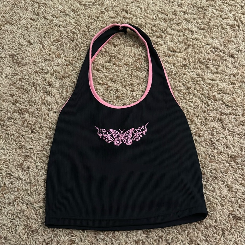 Black halter top with butterfly design